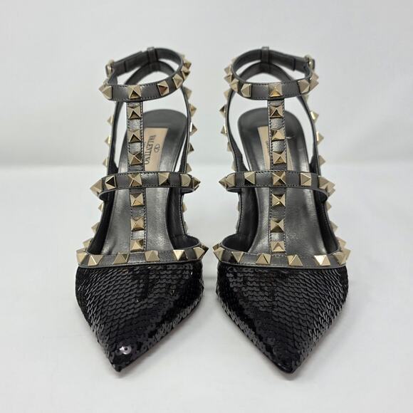 Valentino Rockstud Studded Sequin Caged T Strap Pumps IT 37 US 7 Black - Picture 9 of 15